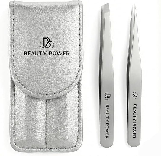 Professional Tweezers Set – Slant & Point, Ultra Precision German Stainless Steel Tweezers for Eyebrows, Chin, Ingrown Hair & Facial Grooming – Lightweight with Travel Case (Matte Grey)