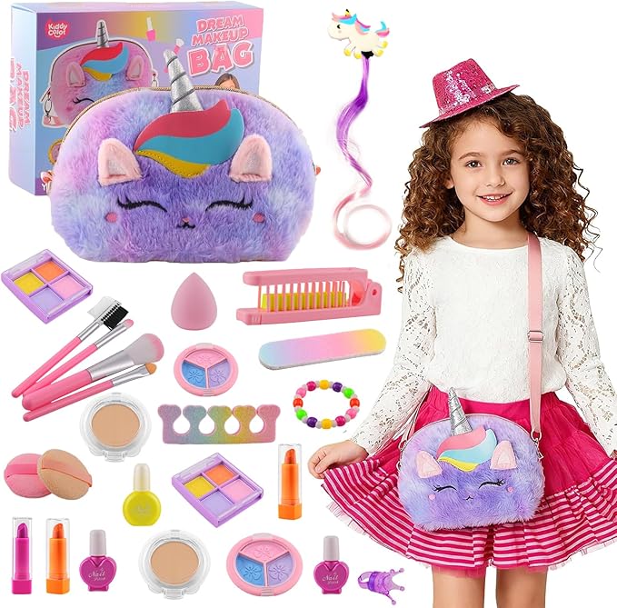 21-Piece Makeup Kit with Oversized Fluffy Unicorn Travel Makeup Bag, Washable Cosmetic Set with Portable Vanity Organizer, Princess Style Makeup Gift for Women & Girls