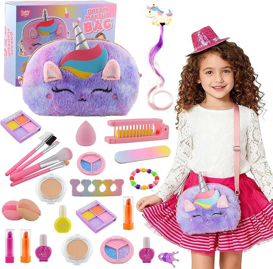 21-Piece Makeup Kit with Oversized Fluffy Unicorn Travel Makeup Bag, Washable Cosmetic Set with Portable Vanity Organizer, Princess Style Makeup Gift for Women & Girls