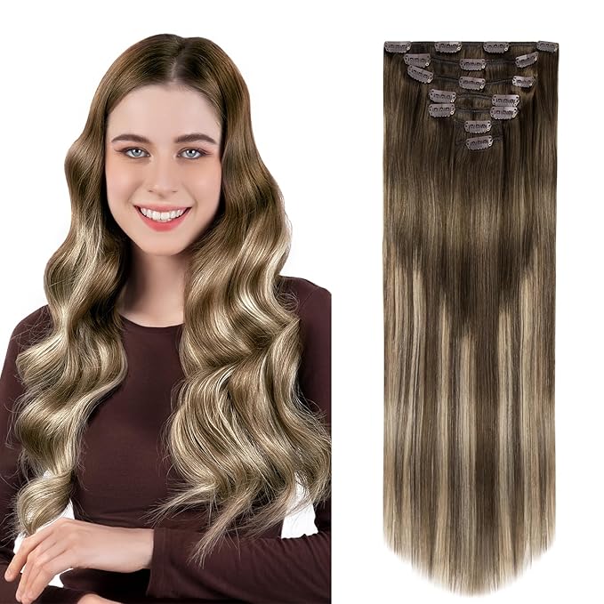 Clip in Hair Extensions Real Human Hair, Silky Straight Remy Hair Extensions for Women, Balayage Walnut Brown to Ash Brown and Bleach Blonde #3TP8/613 18Inch 120G 7PCS