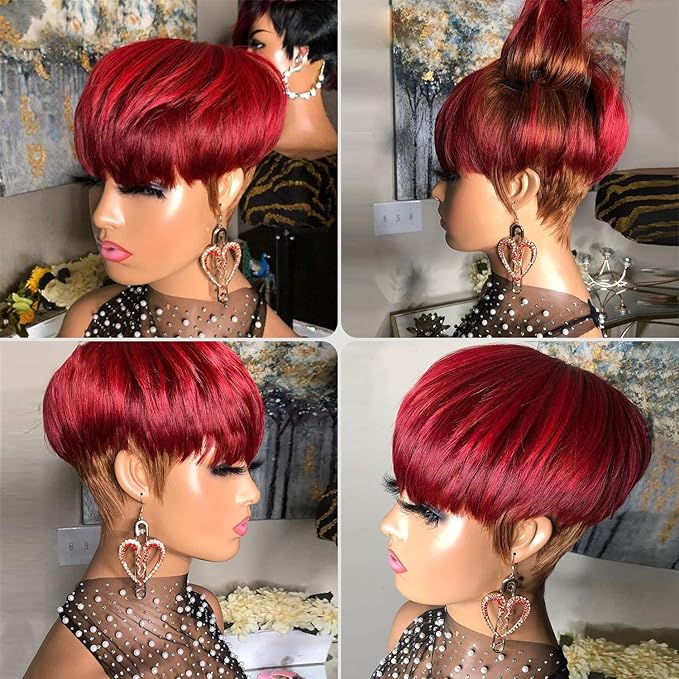 Short Pixie Cut Wig for Black women Human Hair glueless wig for women Burgundy Red with Brown Colored Brazilian Virgin Human Hair Short Layered Wavy Non Lace Front Wigs with Bangs