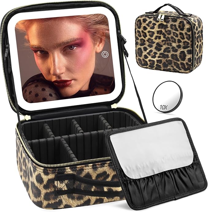 Jadazror Makeup Bag with Light Up Mirror, Lighted Travel Makeup Organizer 3 Colors Adjustable Brightness, Makeup Bag with Mirror and Light, Travel Train Case Portable Cosmetic Bag for Women(Leopard)