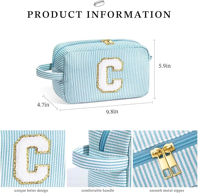 YOOLIFE Birthday Gifts for 6 7 8 9 10 11 12 13 14 15 Year Old Teen Girl - Initial Makeup Bag Letter Toiletry Pouch Cosmetic Case, Personalized Teen Girl Gifts Trendy Stuff Party Favor, Light Blue S