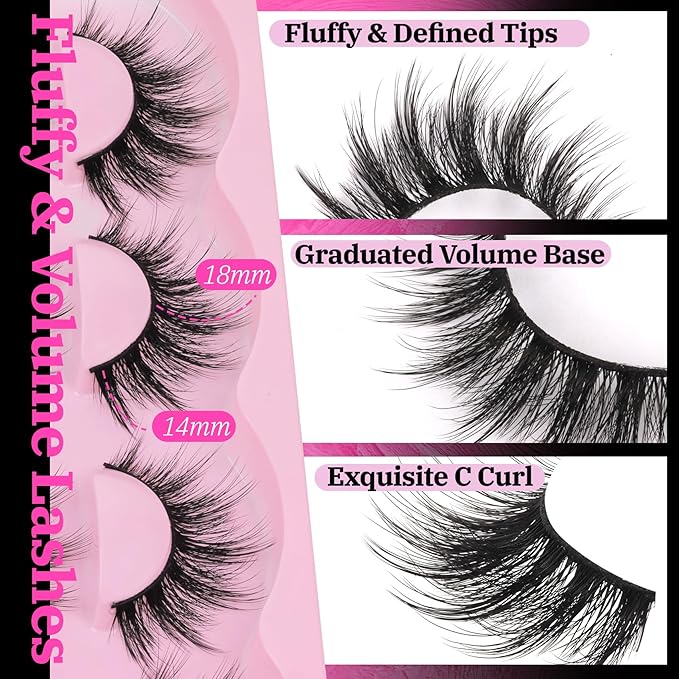 Veleasha Lashes Fluffy Eyelashes Wispy Fake Lashes Volume Eye Lashes 18mm Long Lashes C Curl Fake Eyelashes Soft False Lashes Lightweight False Eyelashes Dramatic Lash Strips 10 Pairs Pack (Firework)
