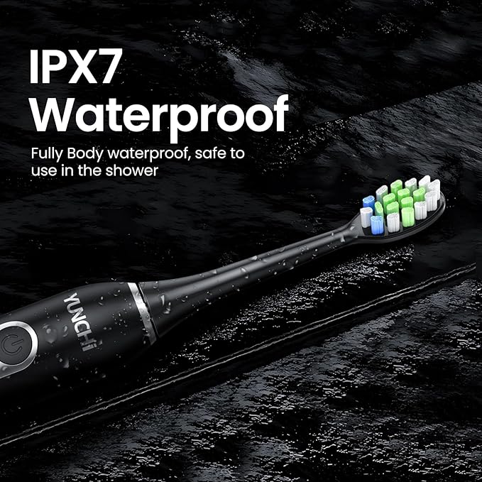 YUNCHI Electric Toothbrush Birthday/Valentine Plastic 8 Heads 24-Mo Deep Cleans Gentle Gums Removes Stains 3Hr USB-C 90d 2-Min Timer/30s IPX7 - Black