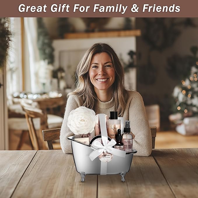 Spa Gift Baskets For Women - Luxury Bath Set With Coconut & Vanilla - Spa Kit Includes Body Wash, Bubble Bath, Lotion, Bath Salts, Body Scrub, Body Spray, Shower Puff, and Towel