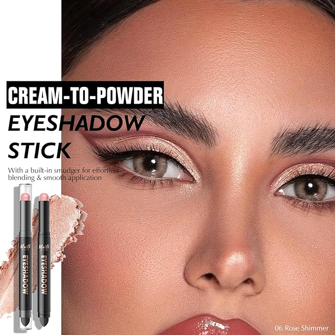 Dual-Ended Rose Shimmer Eyeshadow Stick - Long-Lasting Cream Eye Shadow Stick Crease-Proof Eyeshadow Pencil, Easily Blendable Multi-Use Eye Highlighter Makeup with Built-in Smudger, 06