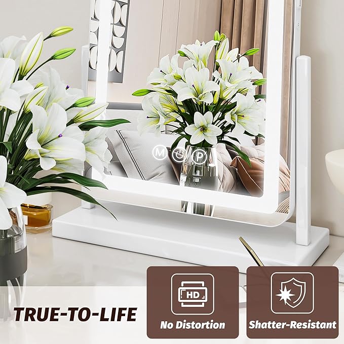 Vanity Mirror with Lights, 18"x14" Hollywood Lighted Makeup Mirror for Tabletop & Bedroom 3 Color Lighting Modes Smart Touch Control 360° Rotation Detachable