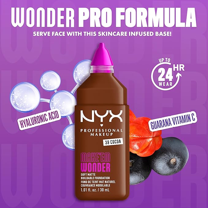 NYX PROFESSIONAL MAKEUP Make 'Em Wonder Liquid Foundation, 24HR Foundation Makeup With A Soft Matte Finish, Buildable Full Coverage - 39 Cocoa
