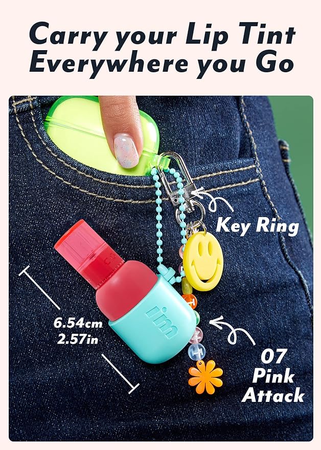I'M MEME Color Key Ring Water Gel Lip Tint - 07 Pink Attack | Long Lasting Lip Gloss, Hydrating Glossy Finish, Kbeauty, Cute Korean Makeup, Compact, Portable Keychain, Travel-Friendly, Gift, 0.09 Oz