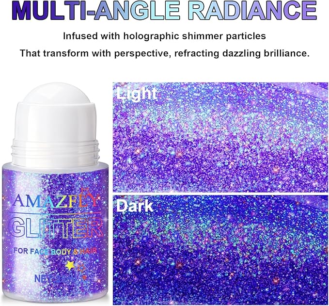 1PC Roll-on Holographic Body Glitter Gel for Body, Hair, Face, Chameleon Color Changing Glitter Gel Under Light, Chunky Mermaid Sequins Festival Party Rave Accessories Shimmer Makeup (Purple)