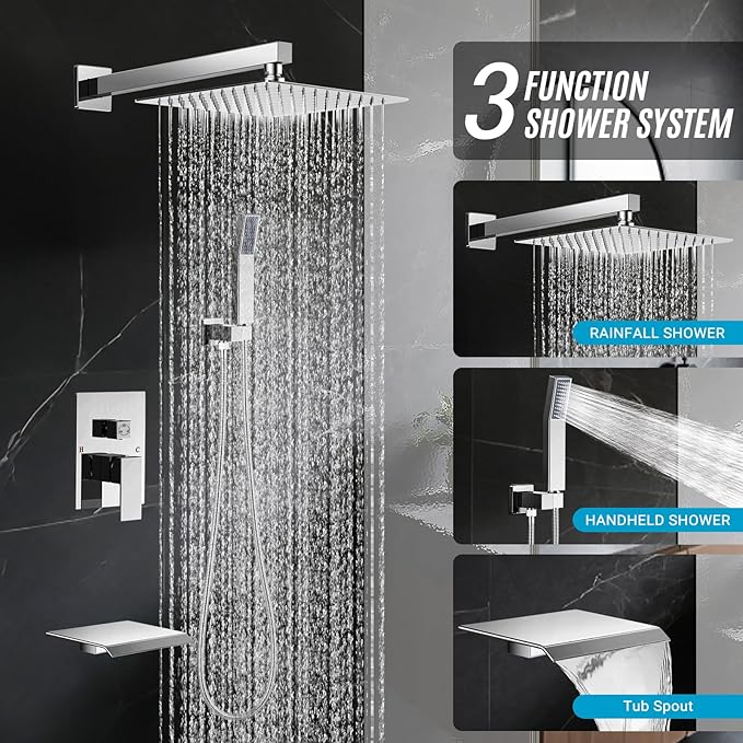 IUERASD Rain Shower Faucet Set Wall Mounted Rainfall with Tub Spout Shower Head System Rough-in Valve Body and Trim Included Chrome (10 Inches)