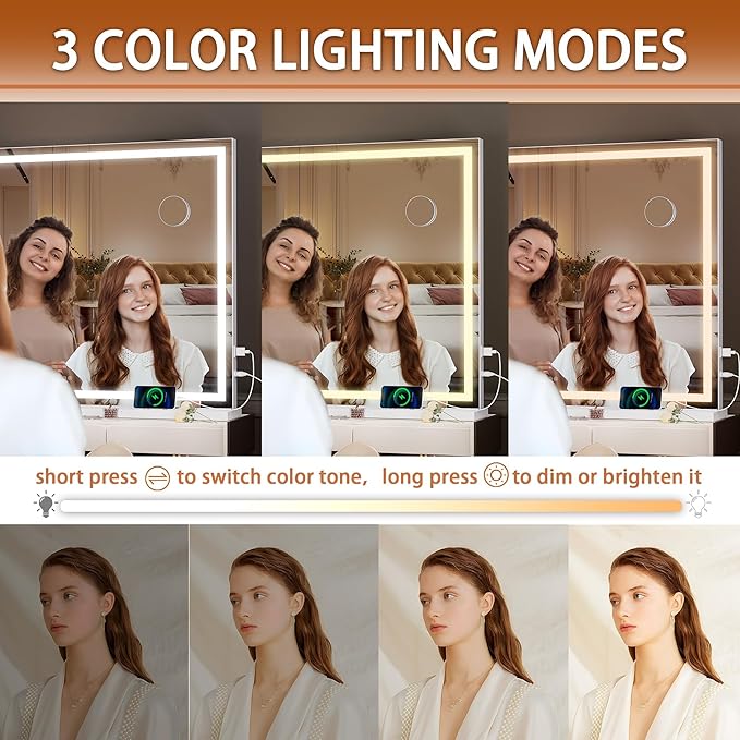 Hasipu Vanity Mirror with Lights, 40" x 30" LED Makeup Mirror, Lighted Makeup Mirror with Dimmable 3 Modes, Touch Screen Control Vanity Mirror Square White