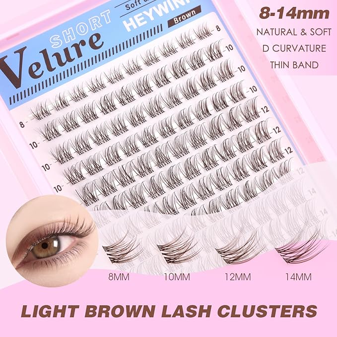 Brown Lash Clusters Kit Velure Lash Extensions Kit Natural Eyelash Clusters Short Lash Cluster 8-14mm Lash Clusters Natural with Invisible Band Individual Lash(Velure-Light Brown)