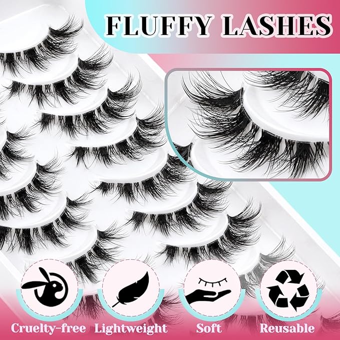 Losha Lashes Natural Cat Eye Lashes 10 Pairs Wispy False Eyelashes with Clear Band 7-14mm Faux Mink Lashes C Curl Lash Strips with Multi-layered Design (FT02)
