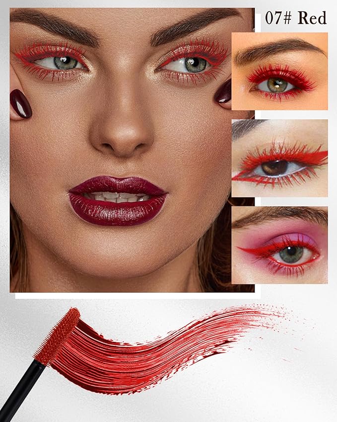 5D Red Mascara for Eyelashes-1Pcs Longlasting Waterproof Smudge-Proof Colored Mascara Volume and Length, Volumizing Curling Defining Eye Lashes rimel de pestañas, Cosplay Party Eye Makeup for Women