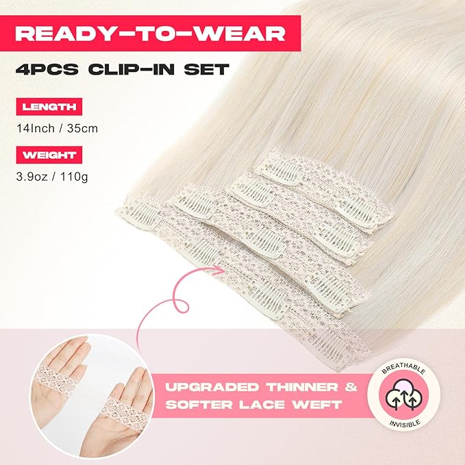 Hair Extensions, 14" Short Clip in Hair Extensions 4PCS Straight Natural Soft Synthetic Hairpiece for Women - Pearl Blonde