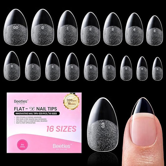 Beetles Gel Nail Tips Flat-X - Almond Short, 320pcs 16 Sizes, Pre-Etched Half Matte Full Cover Soft Acrylic Press on False Nail Extension Tips Easy DIY Salon for Flat & Natural Nail Beds