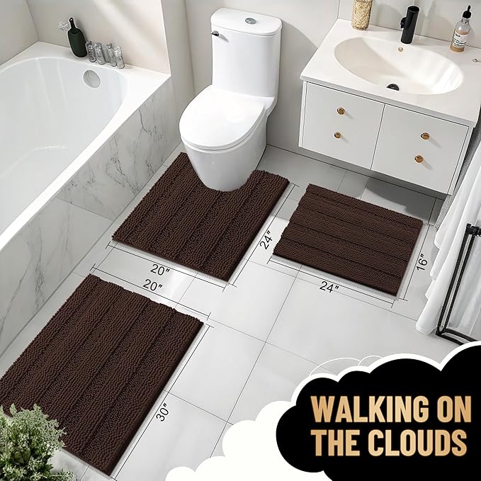 OLANLY Thick Bathroom Rugs 24x16, Extra Soft Absorbent Chenille Striped Bath Rugs, Rubber Backing, Machine Wash Dry, Bath Mats for Bathroom Floor, Tub and Shower, Home Decor Accessories, Brown