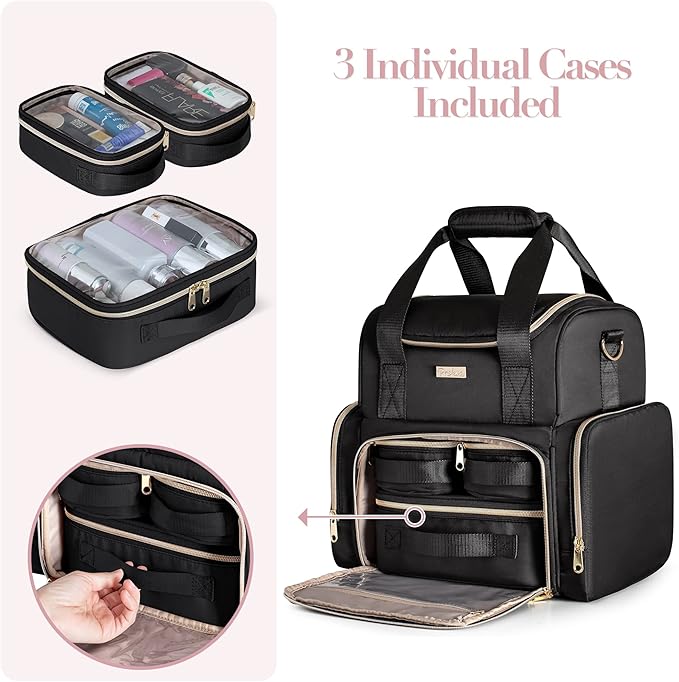 Prokva Large Cosmetic Bag with 3 Removable Case, Double Layer Travel Organizer with Inner Dividers and Makeup Brushes Storage Section, Black (Patented Design)