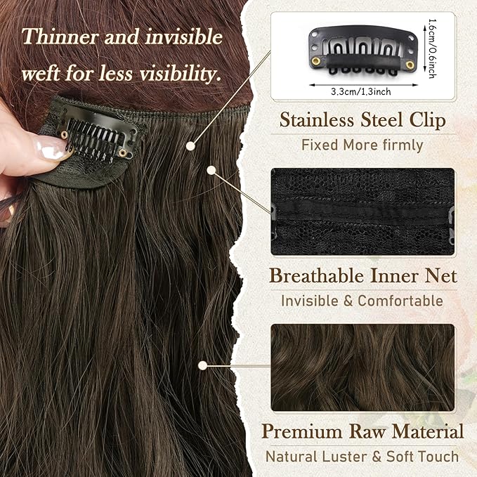 BARSDAR Wavy Clip in Hair Extensions - 12 Inch Dark Brown Clip in Hair Extensions for Women - 6PCs Full Head Thick Soft Synthetic Clip-ins Hairpieces Daily Party Halloween - Dark Brown