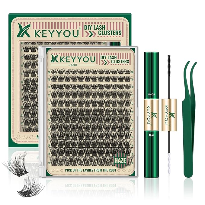 KEYYOU Lash Clusters Kit 144pcs Soft&Natural Lash Clusters Fluffy Lash Extension Kit D Curl 8-18MIX with Bond and Seal,Applicator Thin Band Eyelash Clusters for DIY at Home(Haze）