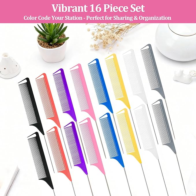 16 Pack Rat Tail Combs Set Stainless Steel Pintail Comb, Professional Rat Tail Combs for Styling, Sectioning & Hair Coloring for Salon & Home Use