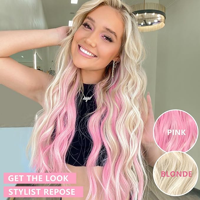 ALXNAN Clip in Long Wavy Synthetic Hair Extension 24 Inch Blonde Pink 4PCS Thick Hairpieces Fiber Double Weft Hair for Women