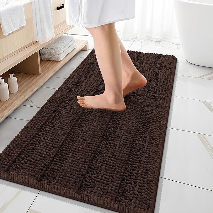 OLANLY Thick Bathroom Rugs 47x20, Extra Soft Absorbent Chenille Striped Bath Rugs, Rubber Backing, Machine Wash Dry, Bath Mats for Bathroom Floor, Tub and Shower, Home Decor Accessories, Brown