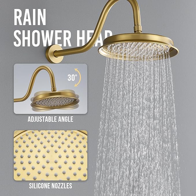 DASAN Antique Shower Faucet Sets Complete Rain Shower System in Wall with Body Shower Spray Jets, Brushed Gold Shower Fixtures with 9'' Rainfall Overhead Shower, Handheld, Valve & Trim Kit, AT249W-BTG
