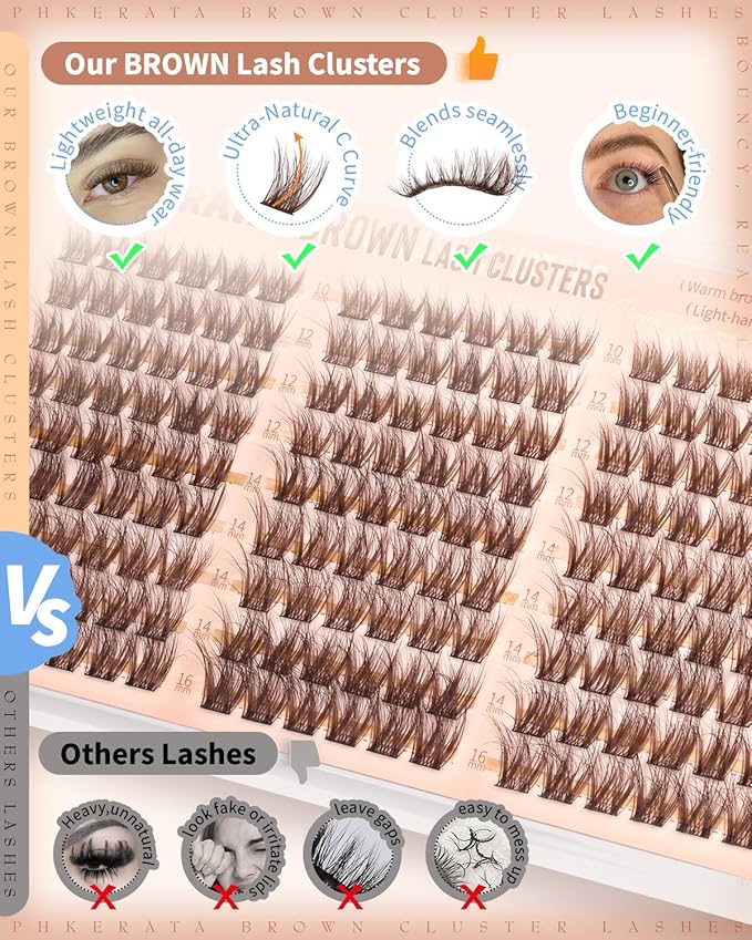 Brown Lash Clusters Wispy Cluster Eyelash Extensions Natural Eyelash Clusters 180Pcs Brown Lashes Clusters 10-16MM DIY Soft Individual Lashes C Curly Eyelash Extension