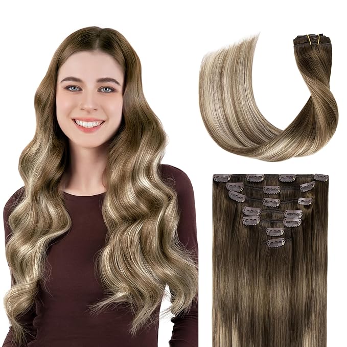 Clip in Hair Extensions Real Human Hair, Silky Straight Remy Hair Extensions for Women, Balayage Walnut Brown to Ash Brown and Bleach Blonde #3TP8/613 22Inch 120G 7PCS