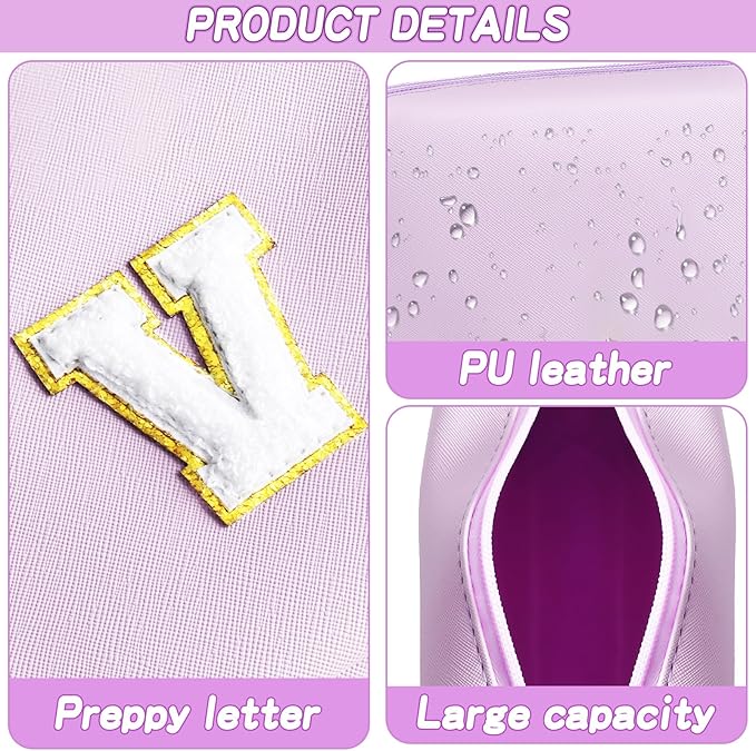 URSKYTOUS Gifts for Girls Initial Makeup Bag Personalized Cosmetic Bag with Zipper Cute Travel Toiletry Bag Waterproof PU Preppy Makeup Pouch Birthday Gift for Teen Girls Women(Purple V)