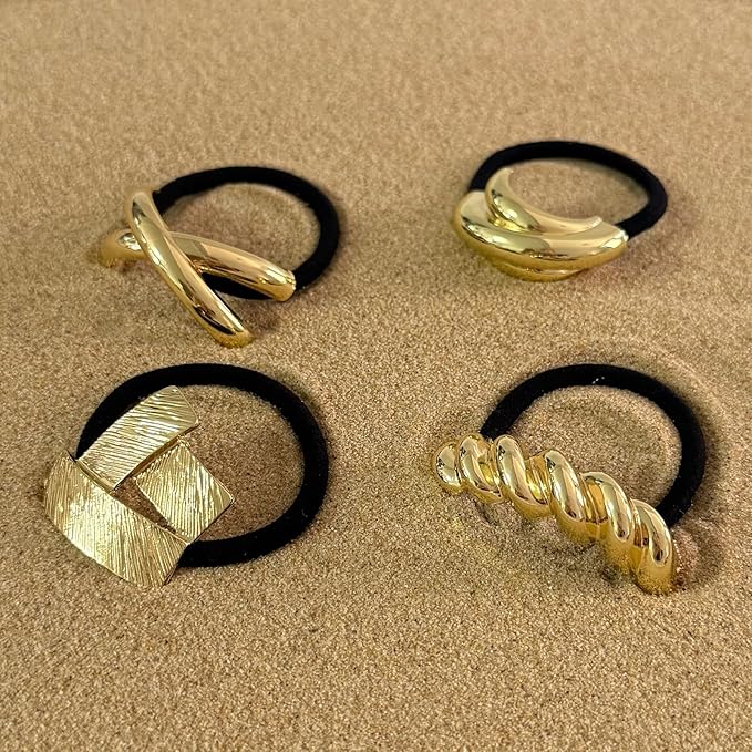 4PCS Golden Metal Hair Ties – No Damage Thick Band, High Elasticity, Durable, Stylish Golden Geometric Ponytail Holders Hair Accessories for Women