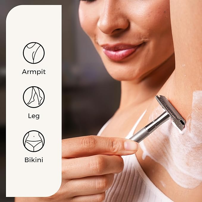 ZOMCHI Double Edge Safety Razor Kit for Men & Women, Reusable Metal Razor with Stand and 10 Blades, Eco-Friendly Plastic-Free Shaving - Matte Silver