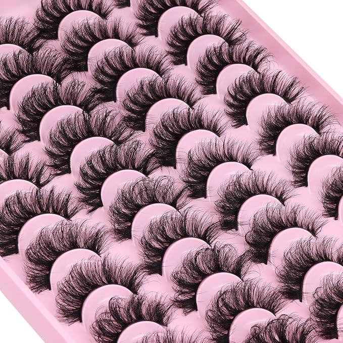 Mink Lashes Fluffy Faux Mink Eyelashes Wispy 20mm Long D-Curl Lashes Russian Cat Eye Strip Lashes Extensions Eyelashes Pack 20 Pairs