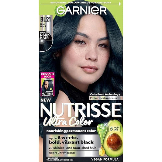 Garnier Hair Color Nutrisse Ultra Color Nourishing Creme, BL21 Blue Black (Blackberry Mojito) Permanent Hair Dye, 1 Count (Packaging May Vary)