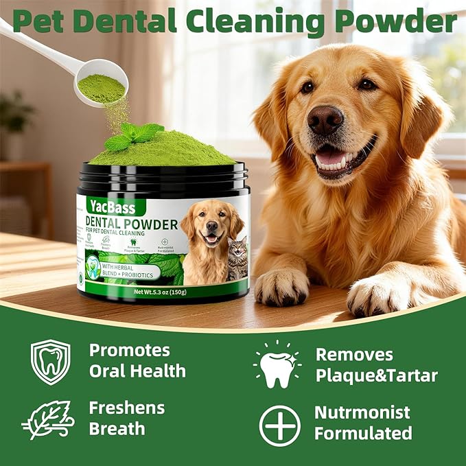 2 Pack Dog Dental Powder,Dog Teeth Cleaning Powder and Cat Breath Freshener, Reduces Plaque & Bad Breath Off,Natural Herbal Blend of All Breeds -150 Grams