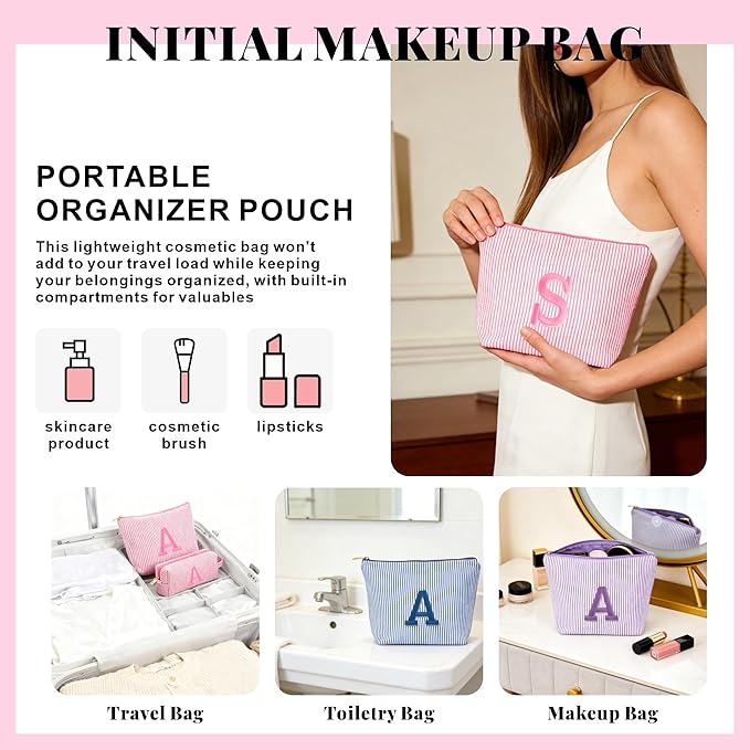 Fohufo Travel Essentials - Portable Travel Toiletry Bag for Women, Initial Makeup Kit Organizer Make up Cosmetic Bag Set Light Pink Stuff Birthday Gifts for Women Daughter Mom, Light Pink Letter J