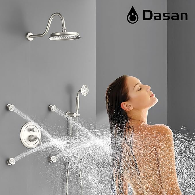 DASAN Antique Shower Faucet Sets Complete Rain Shower System in Wall with Body Shower Spray Jets, Brushed Nicke Shower Fixtures with Rainfall Overhead Shower, Handheld, Valve & Trim Kit, AT249W-BN