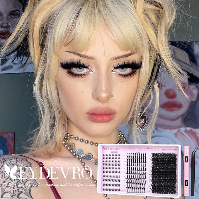 EYDEVRO Volume Eyelash Clusters Kit 100D Lash Clusters with Spikes Lash Extension Kit Bottom Lashes Wispy Cluster Eyelash Extensions 300 Pcs Spiky Lash Clusters Kit Lash Bond and Seal Tweezers Brushes