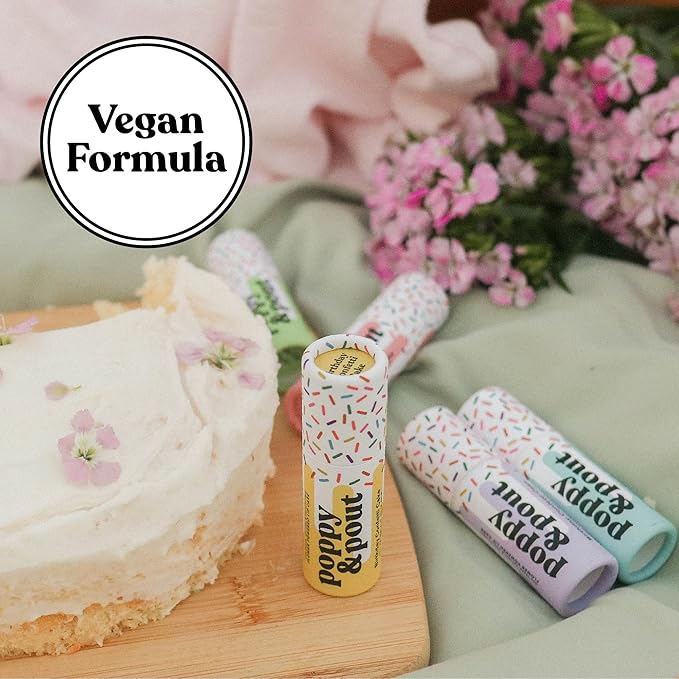 Poppy & Pout Birthday Cake Jumbo Lip Balm | All Natural Lip Balms & Moisturizers | Hydrates with Beeswax, Vitamin E, Organic Coconut Oil | Cruelty-Free | Lip Balm in Recyclable Cardboard Tube (Pink)