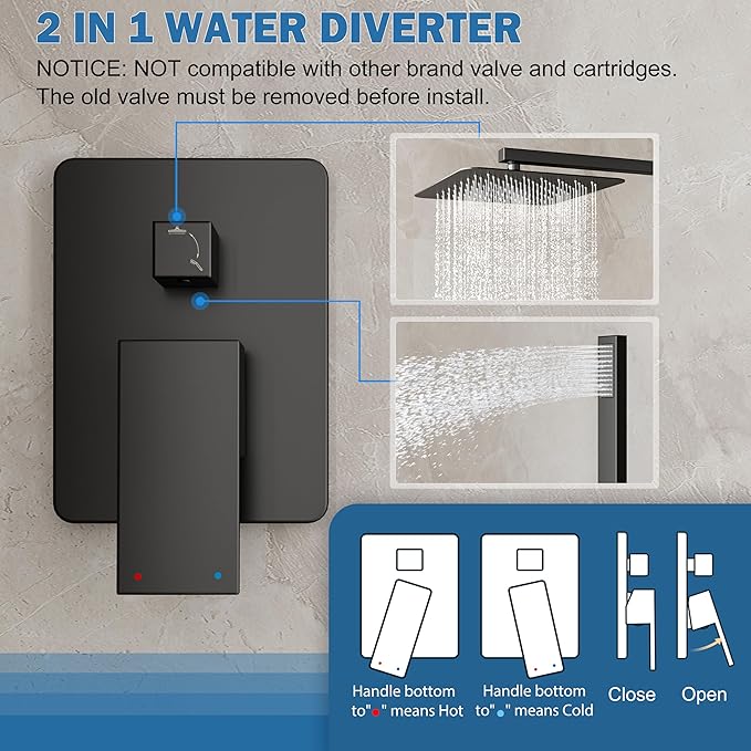 HoliSpa Shower System, Black Shower Faucet Set with 12-Inch Rain Showerhead and Handheld Spray, Wall Mounted High-Pressure Showerhead Combo Set Included Valve and Trim, Matte Black