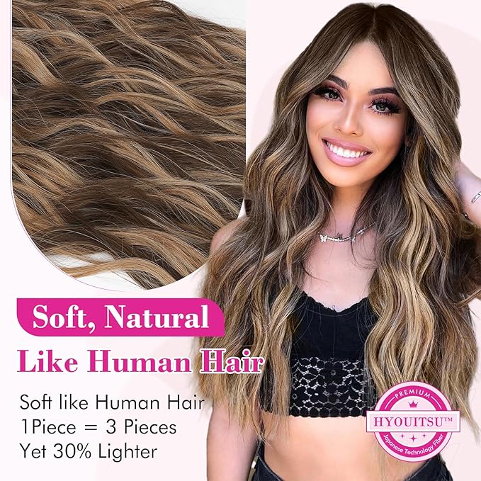 REECHO Clip in Hair Extensions, 20” One Piece Hair Extension Clip in Wefts Long Thick Beach Wavy Natural Soft Synthetic Hairpieces for Women, Chocolate Brown with Blonde Highlights