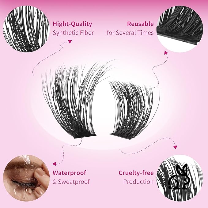 EYDEVRO Volume Lash Clusters with Spikes Eyelash Clusters with Bottom Lashes Look Like Lash Extensions 12-22mm Fluffy 200D Cluster Lashes 16-26mm Spikes Individual Lashes 5-6mm Bottom Lash Clusters