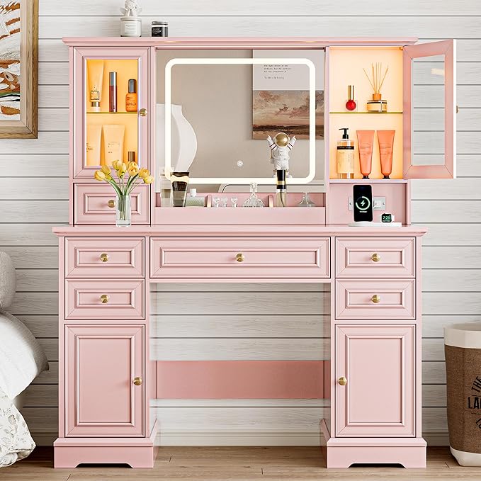 Vanity Desk with HD Lighted Mirror & Power Outlet, Farmhouse Makeup Vanity Table Set with Storage Drawers & RGB Cabinets, Large Dressing Table with 3 Lighting Modes for Women Girls Kids Bedroom, Pink