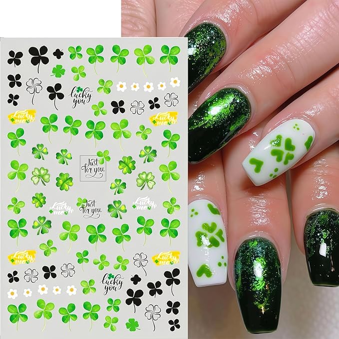 8 Sheets St. Patrick's Day Nail Art Stickers Green Shamrock 3D Self-Adhesive Nail Decals Four Leaf Clover Nail Supplies Lucky of Irish Spring Summer Lucky Leaf Nail Decor for Women Manicure DIY