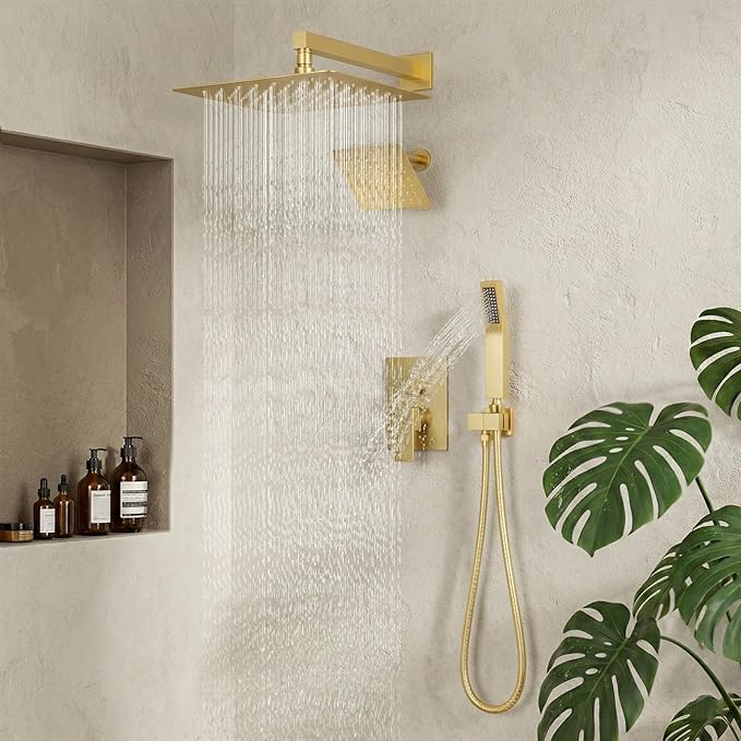 Shower Faucet Set Brushed Gold Shower System, STARBATH 12+6" Dual Rain Shower Head with Handheld Spray for Two People,Wall Mount Rainfall 3 Way Shower Valve with 5 Diverter and Trim Kit Complete