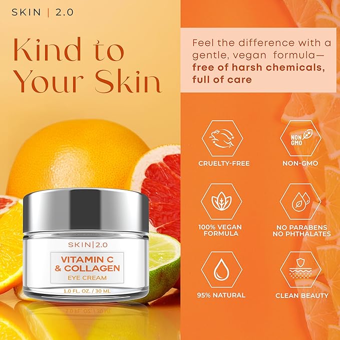 Skin 2.0 Vitamin C & Collagen Under Eye Cream for Dark Circles, Puffiness & Wrinkles – Hydrating, Firming & Restoring Radiance – Dermatologist Tested, Korean Skin Care, Vegan, Clean Beauty – 1 fl oz