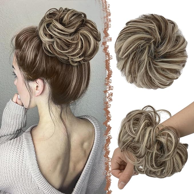 FESHFEN Messy Bun Hair Pieces - Large Wavy Curly Elastic Hair Bun Scrunchies Ponytail Extensions Synthetic Chignon Hairpieces for Women, Golden Brown & Bleach Blonde 1.94oz